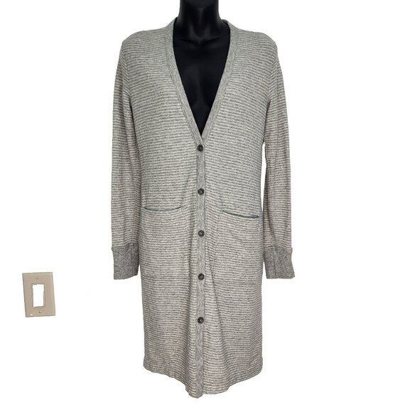 James Perse NWT French Terry Long Striped Cardigan Size 0 (XS) Gray White Button - Picture 1 of 11
